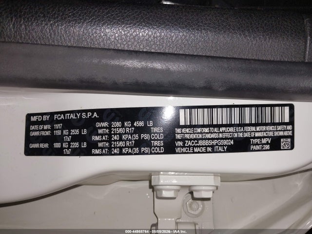 Aukcja sprzedaży 2017 Jeep Renegade Latitude 4x4, vin: ZACCJBBB5HPG59024, numer aukcji: 44988764