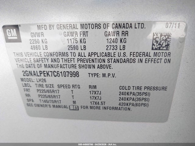 Продаж на аукціоні авто 2012 Chevrolet Equinox 2lt, vin: 2GNALPEK7C6107998, номер лоту: 44988766
