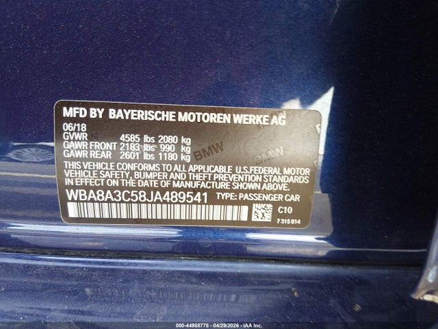 44988778 :رقم المزاد ، WBA8A3C58JA489541 vin ، 2018 Bmw 320i Xdrive مزاد بيع