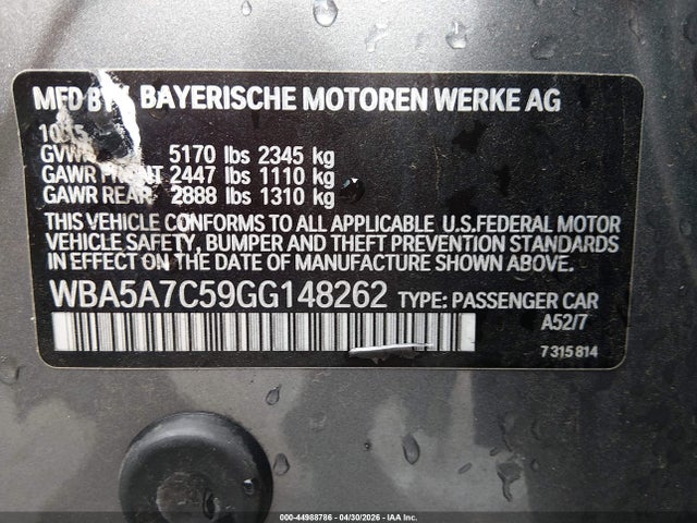 44988786 :رقم المزاد ، WBA5A7C59GG148262 vin ، 2016 Bmw 528i Xdrive مزاد بيع