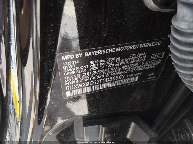 Aukcja sprzedaży 2015 Bmw X3 Xdrive28i, vin: 5UXWX9C53F0D56583, numer aukcji: 44988787