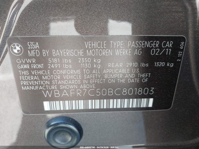 Продажа на аукционе авто 2011 Bmw 535i, vin: WBAFR7C50BC801803, номер лота: 44988790