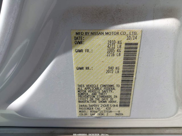 Aukcja sprzedaży 2015 Nissan Altima 2.5/2.5 S/2.5 Sl/2.5 Sv, vin: 1N4AL3AP0FC208594, numer aukcji: 44988804