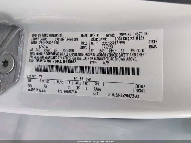1FMCU0F76KUB66858 Ford ESCAPE S