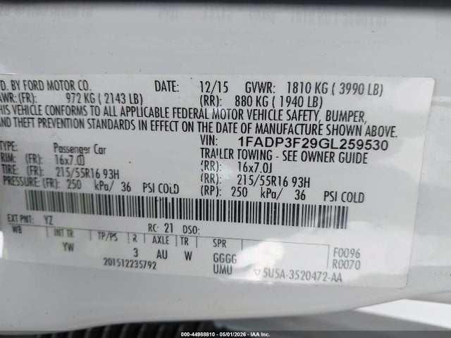 Aukcja sprzedaży 2016 Ford Focus Se, vin: 1FADP3F29GL259530, numer aukcji: 44988810