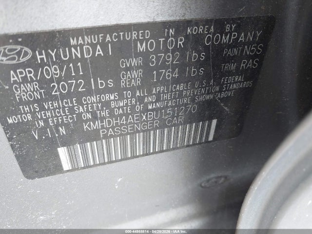 44988814 :رقم المزاد ، KMHDH4AEXBU151270 vin ، 2011 Hyundai Elantra Gls (ulsan Plant) مزاد بيع