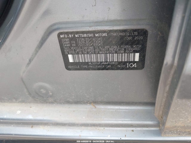 Aukcja sprzedaży 2021 Mitsubishi Mirage G4, vin: ML32FUFJXMHF02803, numer aukcji: 44988816