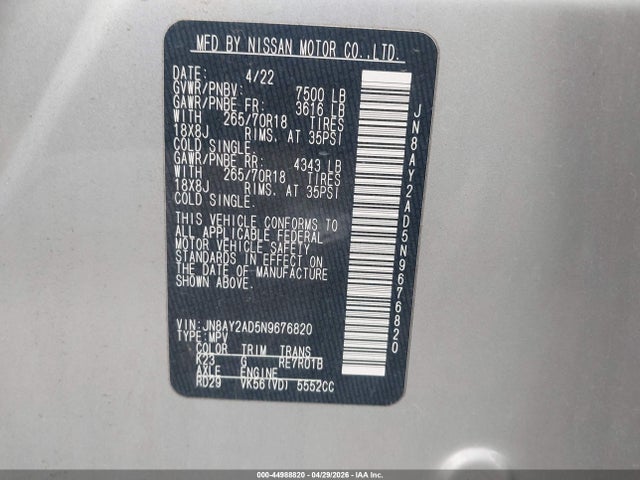 2022 Nissan Armada Sv 4wd მანქანა იყიდება აუქციონზე, vin: JN8AY2AD5N9676820, აუქციონის ნომერი: 44988820