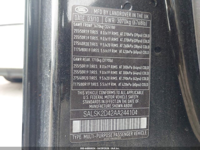44988824 :رقم المزاد ، SALSK2D42AA244104 vin ، 2010 Land Rover Range Rover Sport Hse مزاد بيع