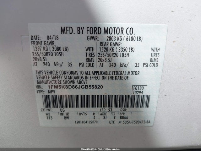 Aukcja sprzedaży 2018 Ford Explorer Xlt, vin: 1FM5K8D86JGB55820, numer aukcji: 44988826
