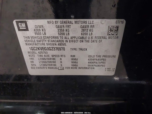 44988838 :رقم المزاد ، 1GC2KVEG0GZ376970 vin ، 2016 Chevrolet Silverado 2500hd Lt مزاد بيع