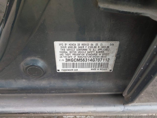 2004 Honda Accord 2.4 Lx მანქანა იყიდება აუქციონზე, vin: 3HGCM56314G707112, აუქციონის ნომერი: 44988841