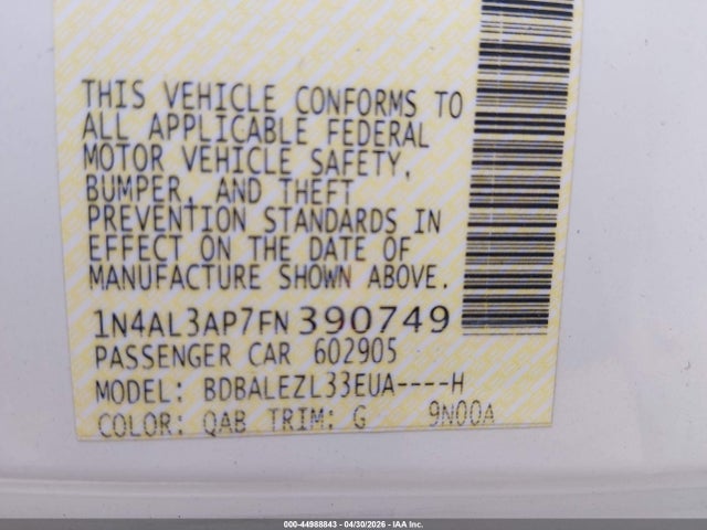 Aukcja sprzedaży 2015 Nissan Altima 2.5 S, vin: 1N4AL3AP7FN390749, numer aukcji: 44988843