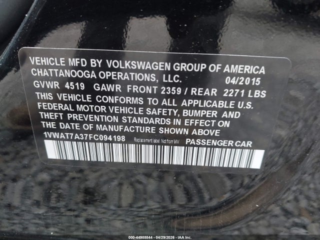 Aukcja sprzedaży 2015 Volkswagen Passat 1.8t Limited Edition, vin: 1VWAT7A37FC094198, numer aukcji: 44988844