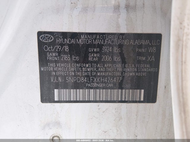 44988853 :رقم المزاد ، 5NPD84LFXKH426477 vin ، 2019 Hyundai Elantra Sel مزاد بيع