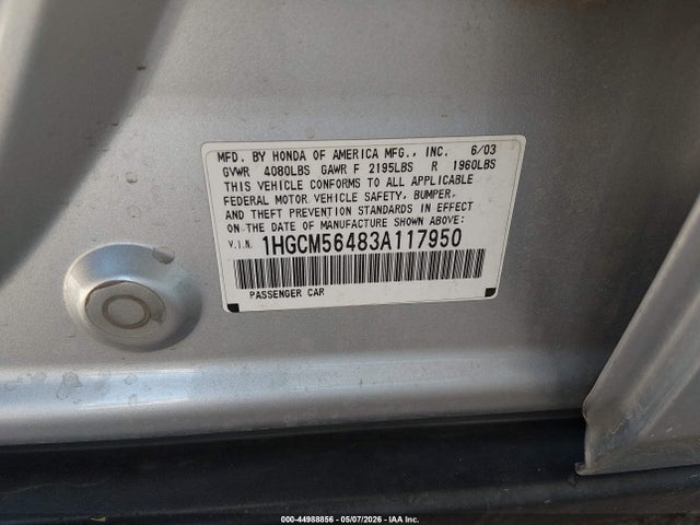 Продаж на аукціоні авто 2003 Honda Accord 2.4 Lx, vin: 1HGCM56483A117950, номер лоту: 44988856