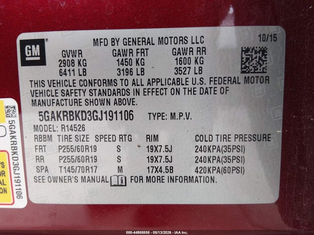 44988858 :رقم المزاد ، 5GAKRBKD3GJ191106 vin ، 2016 Buick Enclave Leather مزاد بيع