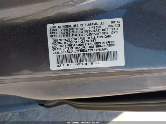 Honda Odyssey Ex-l 2015 5FNRL5H62FB032429 Image 9