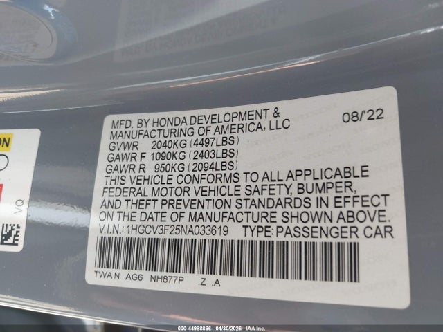 1HGCV3F25NA033619 Honda Accord Hybrid Sport