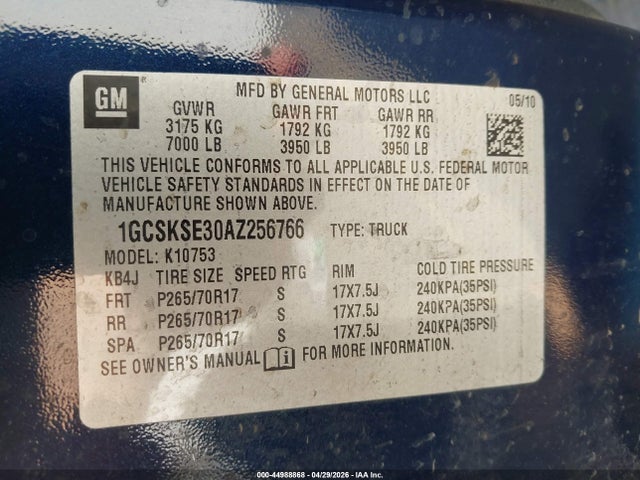 44988868 :رقم المزاد ، 1GCSKSE30AZ256766 vin ، 2010 Chevrolet Silverado 1500 Lt مزاد بيع