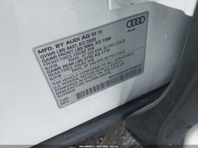 Продаж на аукціоні авто 2018 Audi Q7 2.0t Premium, vin: WA1AHAF79JD036281, номер лоту: 44988873