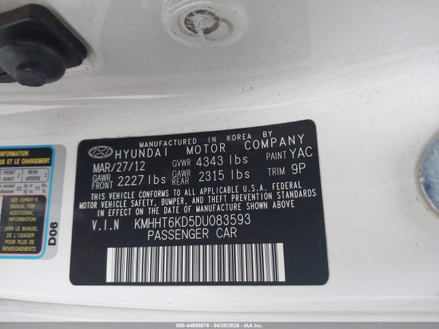 2013 Hyundai Genesis 2.0t მანქანა იყიდება აუქციონზე, vin: KMHHT6KD5DU083593, აუქციონის ნომერი: 44988876