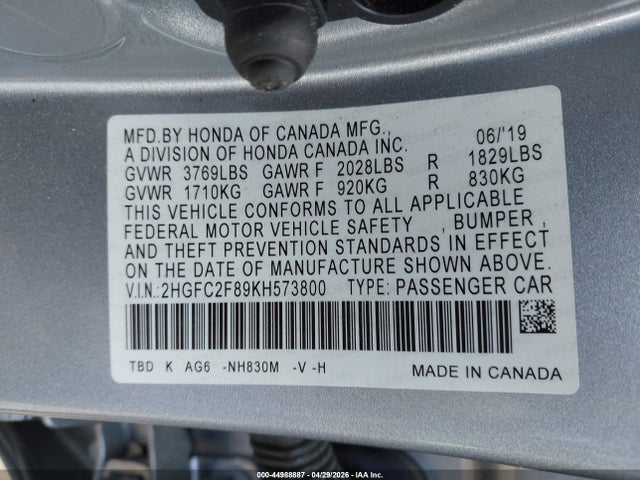 2019 Honda Civic Sport მანქანა იყიდება აუქციონზე, vin: 2HGFC2F89KH573800, აუქციონის ნომერი: 44988887