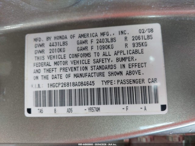 44988900 :رقم المزاد ، 1HGCP26818A084645 vin ، 2008 Honda Accord 2.4 Ex-l مزاد بيع