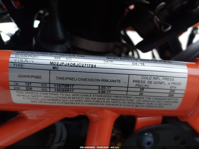 Aukcja sprzedaży 2018 Ktm 390 Duke, vin: MD2JPJ406JC271784, numer aukcji: 44988905