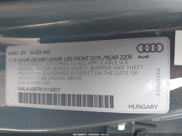 44988910 :رقم المزاد ، WAUAUGFF7K1014307 vin ، 2019 Audi A3 مزاد بيع