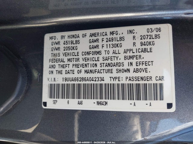 44988911 :رقم المزاد ، 19UUA66286A042334 vin ، 2006 Acura Tl مزاد بيع