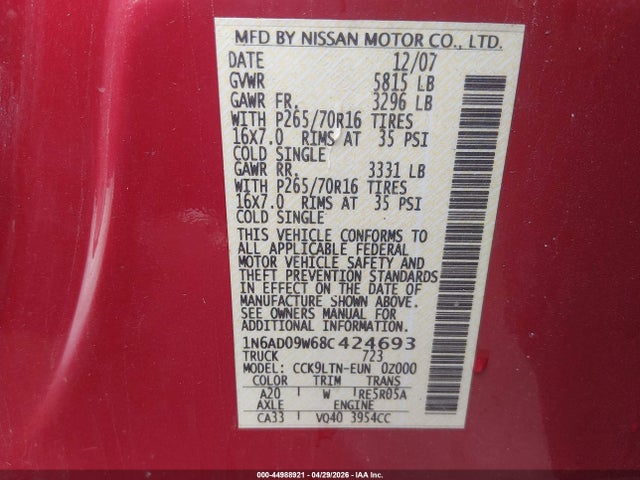 2008 Nissan Frontier Se მანქანა იყიდება აუქციონზე, vin: 1N6AD09W68C424693, აუქციონის ნომერი: 44988921