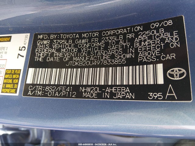 Aukcja sprzedaży 2009 Toyota Prius, vin: JTDKB20U497833855, numer aukcji: 44988938