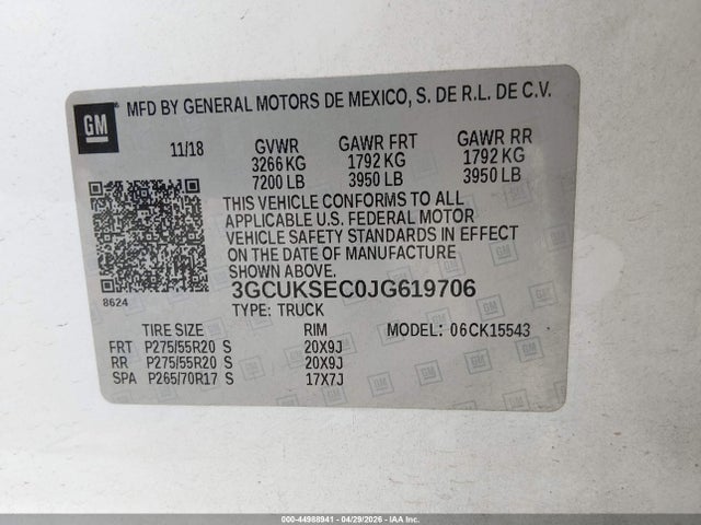 Aukcja sprzedaży 2018 Chevrolet Silverado 1500 2lz, vin: 3GCUKSEC0JG619706, numer aukcji: 44988941