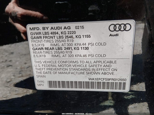 44988942 :رقم المزاد ، WA1EFCFS9FR012550 vin ، 2015 Audi Q3 2.0t Premium Plus مزاد بيع