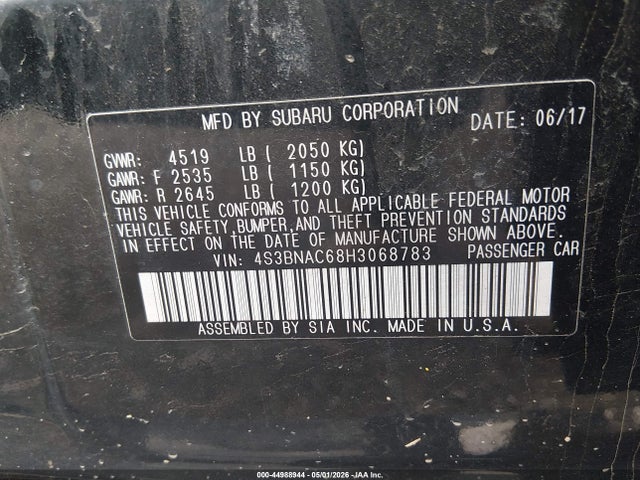 2017 Subaru Legacy 2.5i Premium მანქანა იყიდება აუქციონზე, vin: 4S3BNAC68H3068783, აუქციონის ნომერი: 44988944