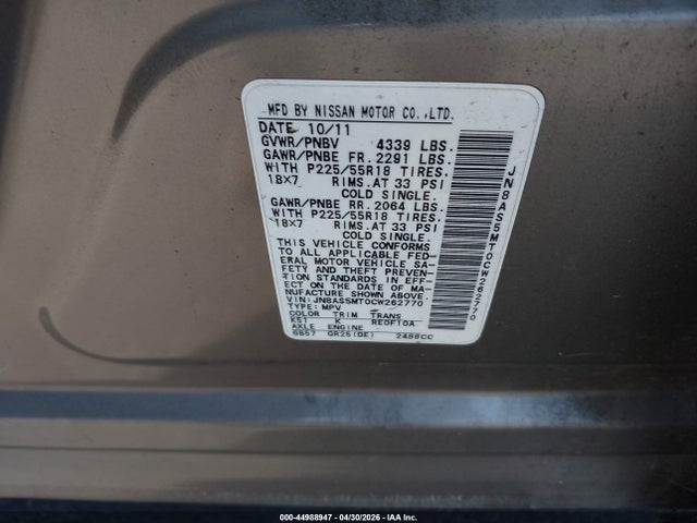2012 Nissan Rogue Sv W/sl Pkg მანქანა იყიდება აუქციონზე, vin: JN8AS5MT0CW262770, აუქციონის ნომერი: 44988947
