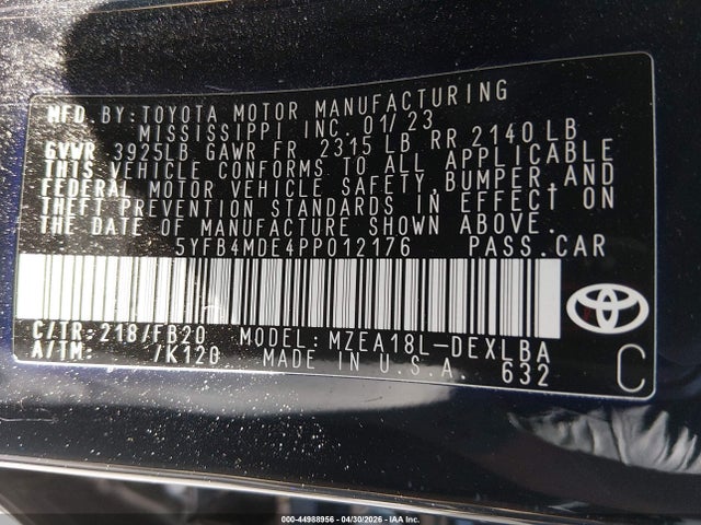 Aukcja sprzedaży 2023 Toyota Corolla Le, vin: 5YFB4MDE4PP012176, numer aukcji: 44988956