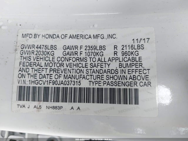 44988960 :رقم المزاد ، 1HGCV1F90JA037315 vin ، 2018 Honda Accord Touring مزاد بيع
