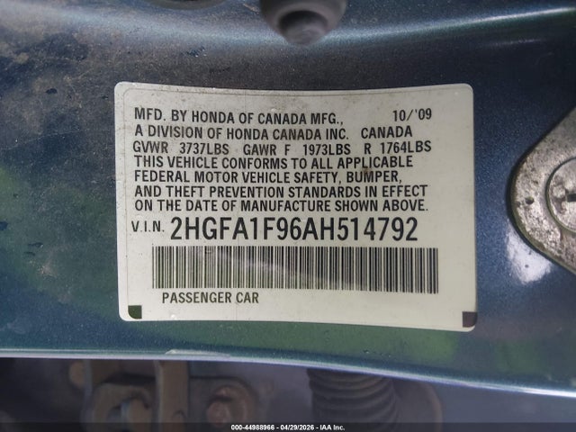 2010 Honda Civic Ex-l მანქანა იყიდება აუქციონზე, vin: 2HGFA1F96AH514792, აუქციონის ნომერი: 44988966