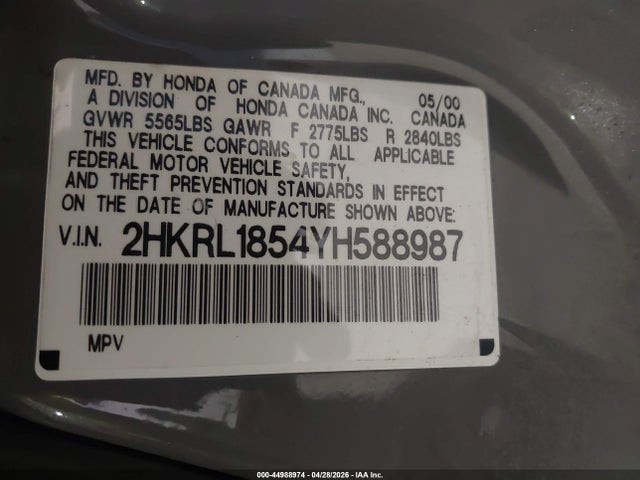 Продаж на аукціоні авто 2000 Honda Odyssey Lx, vin: 2HKRL1854YH588987, номер лоту: 44988974