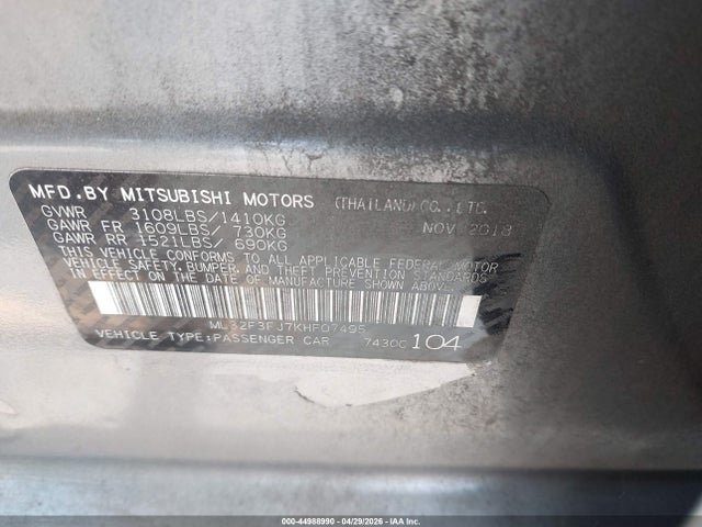 Продаж на аукціоні авто 2019 Mitsubishi Mirage G4 Es, vin: ML32F3FJ7KHF07495, номер лоту: 44988990
