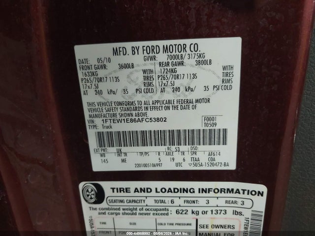 Продаж на аукціоні авто 2010 Ford F-150 Xl/xlt, vin: 1FTEW1E86AFC53802, номер лоту: 44988992