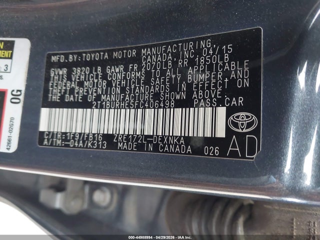 Продажа на аукционе авто 2015 Toyota Corolla Le, vin: 2T1BURHE5FC406498, номер лота: 44988994