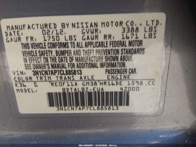 Aukcja sprzedaży 2012 Nissan Versa 1.6 Sv, vin: 3N1CN7AP7CL885813, numer aukcji: 44988997