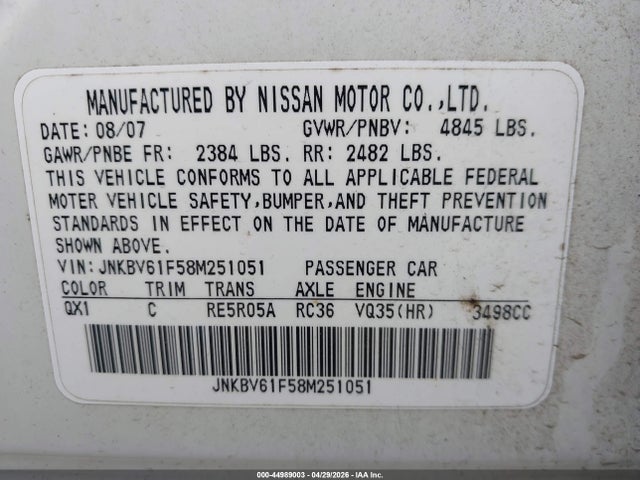 44989003 :رقم المزاد ، JNKBV61F58M251051 vin ، 2008 Infiniti G35x مزاد بيع