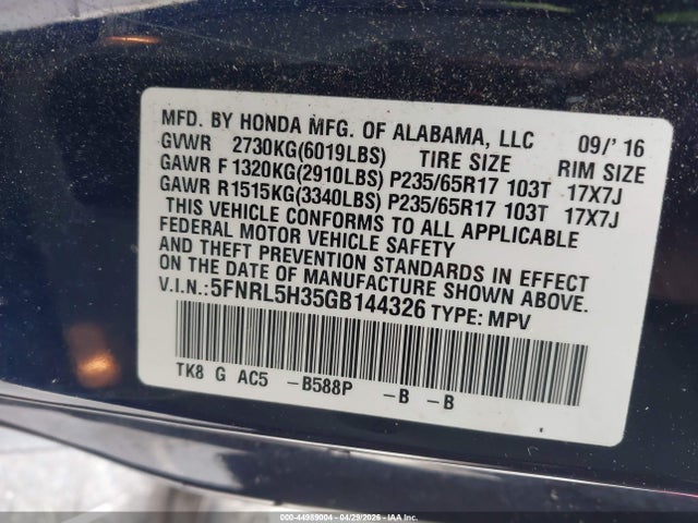 2016 Honda Odyssey Se მანქანა იყიდება აუქციონზე, vin: 5FNRL5H35GB144326, აუქციონის ნომერი: 44989004