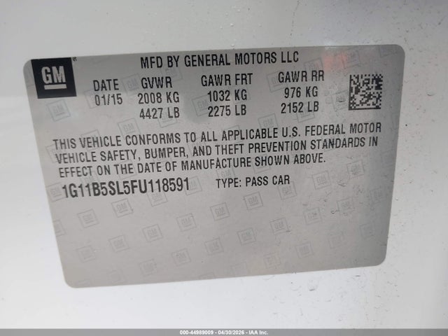 Aukcja sprzedaży 2015 Chevrolet Malibu Ls, vin: 1G11B5SL5FU118591, numer aukcji: 44989009
