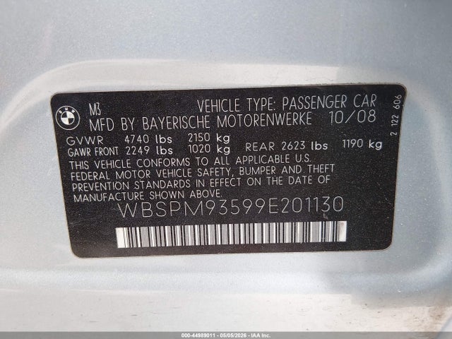 44989011 :رقم المزاد ، WBSPM93599E201130 vin ، 2009 Bmw M3 مزاد بيع