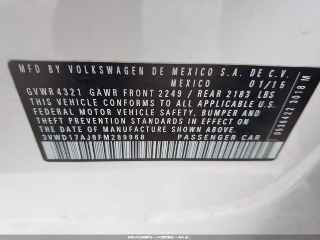 44989016 :رقم المزاد ، 3VWD17AJ8FM289968 vin ، 2015 Volkswagen Jetta 1.8t Se مزاد بيع
